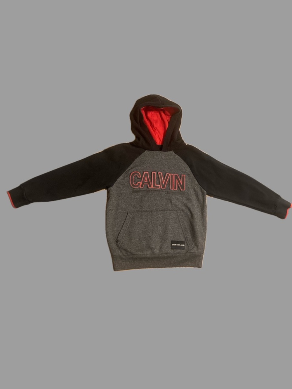 Calvin Klein Jeans Gray & Black Crewneck Hoodie with Red Accents for boys